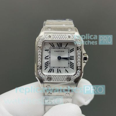 Swiss Clone Ladies Cartier Santos Silver Dial Diamond Stainless Steel Watch 